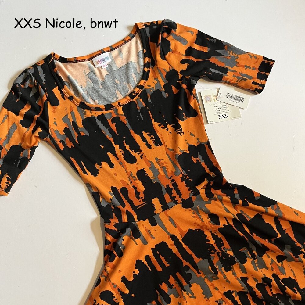 XXS Lularoe Nicole dress, orange, black, grey tie-dye stripes